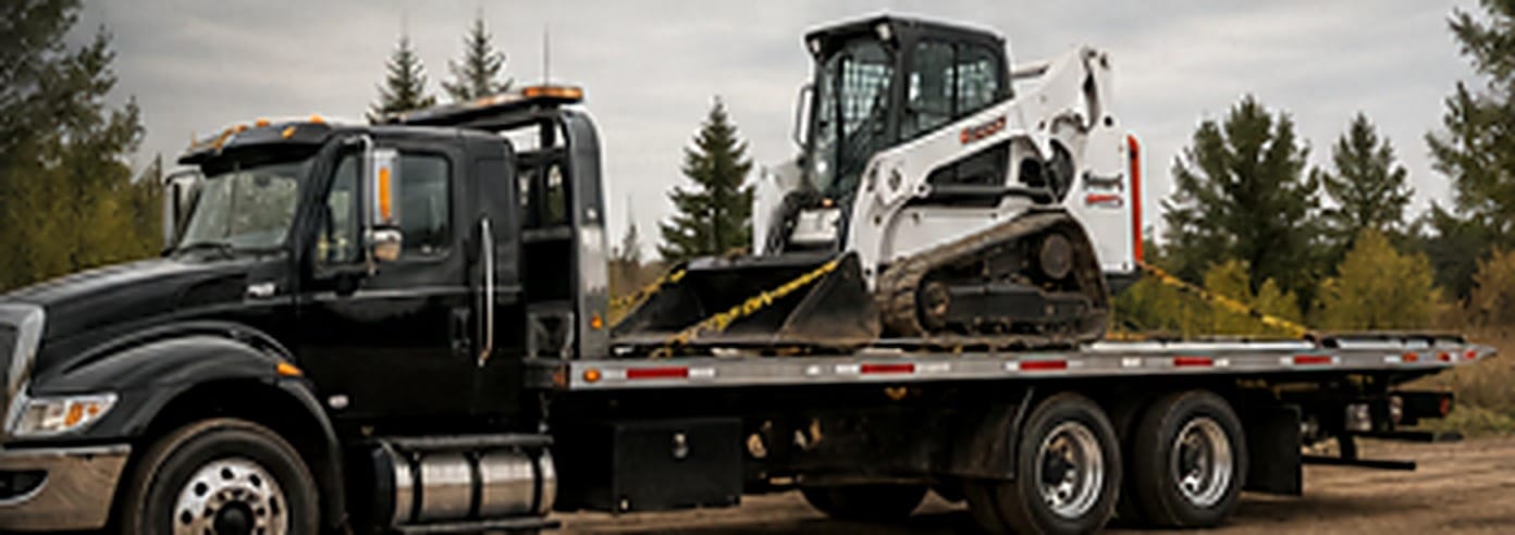 Viking Towing flatbed loaded with a Bobcat skid steer