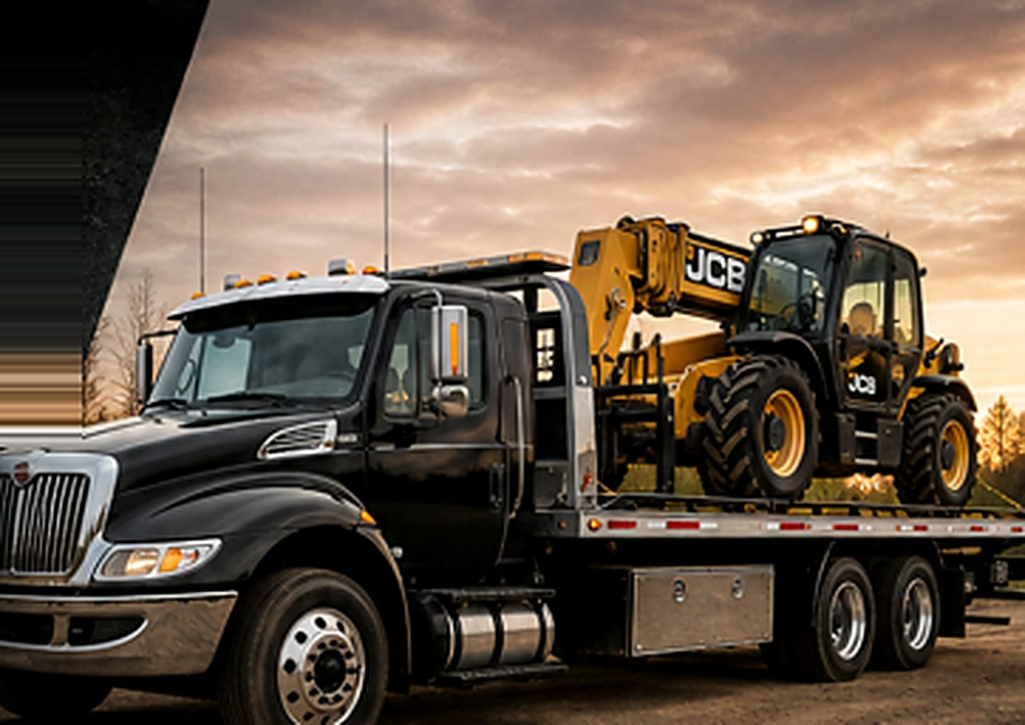 Viking Towing tandem axle flatbed hauling a JCB telehandler